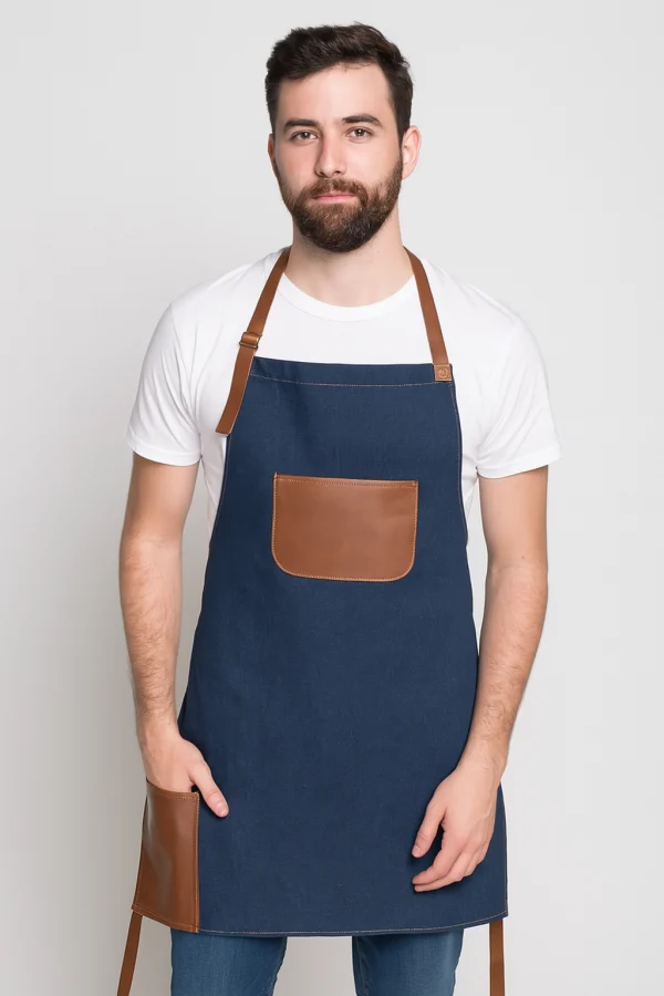 hombre con pechera parrillera diseñada por mundo del delantal en chile pechera de mezclilla con cuero