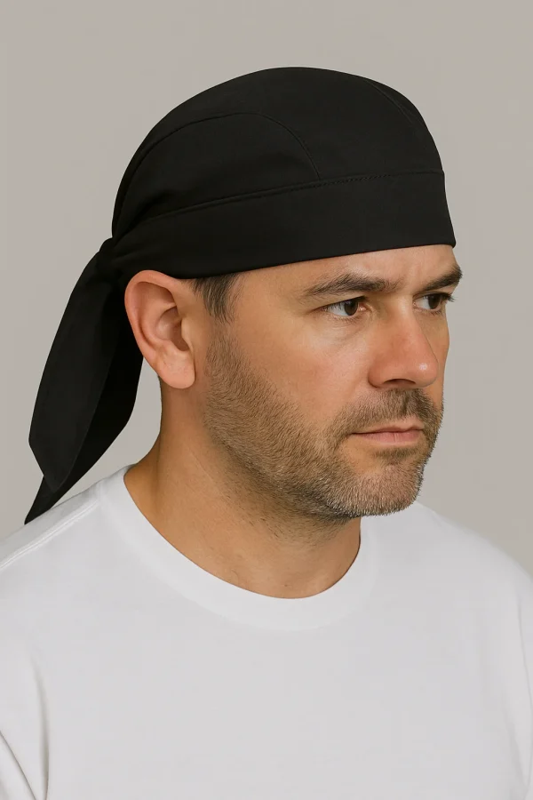gorro de cocina de mezclilla negra en un cocinero luciendo el gorro con amarras