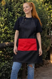 👉 delantal de mezclilla con bolsillo rojo