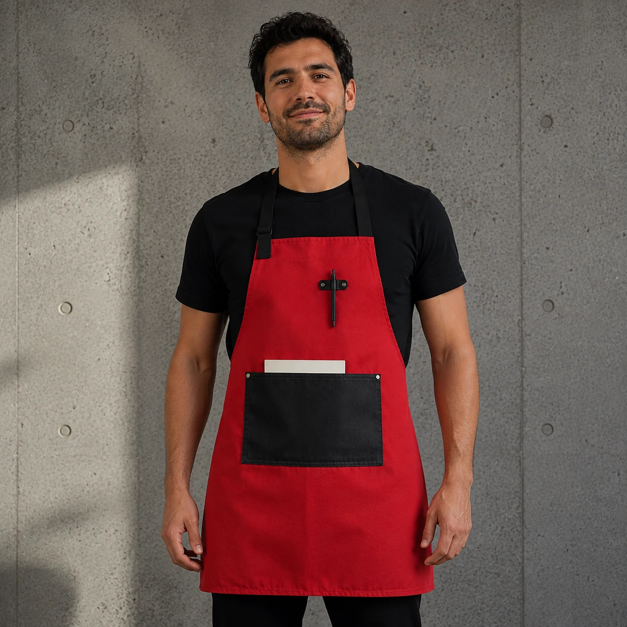 delantal rojo de gabardina con bolsillo y tirantes negros en un modelo hombre