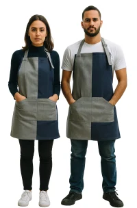 Delantales de mezclilla bicolor para hombre y mujer de Mundo del Delantal, diseño moderno con bolsillo frontal y tirantes ajustables, ideal para cocina o gastronomía