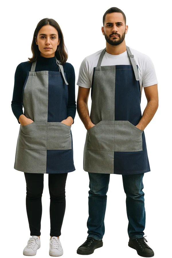 Delantales de mezclilla bicolor para hombre y mujer de Mundo del Delantal, diseño moderno con bolsillo frontal y tirantes ajustables, ideal para cocina o gastronomía