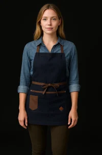 delantal denim cuero para mujer con cuero cafe