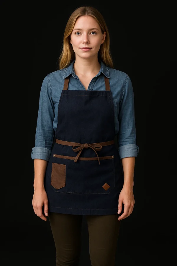 delantal denim cuero para mujer con cuero cafe