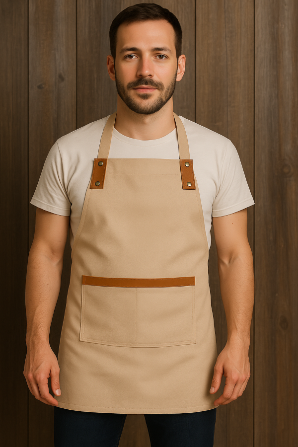 Delantal de cocina beige en gabardina con aplicaciones de cuero café, ideal para uso profesional con diseño ajustable y bolsillo funcional