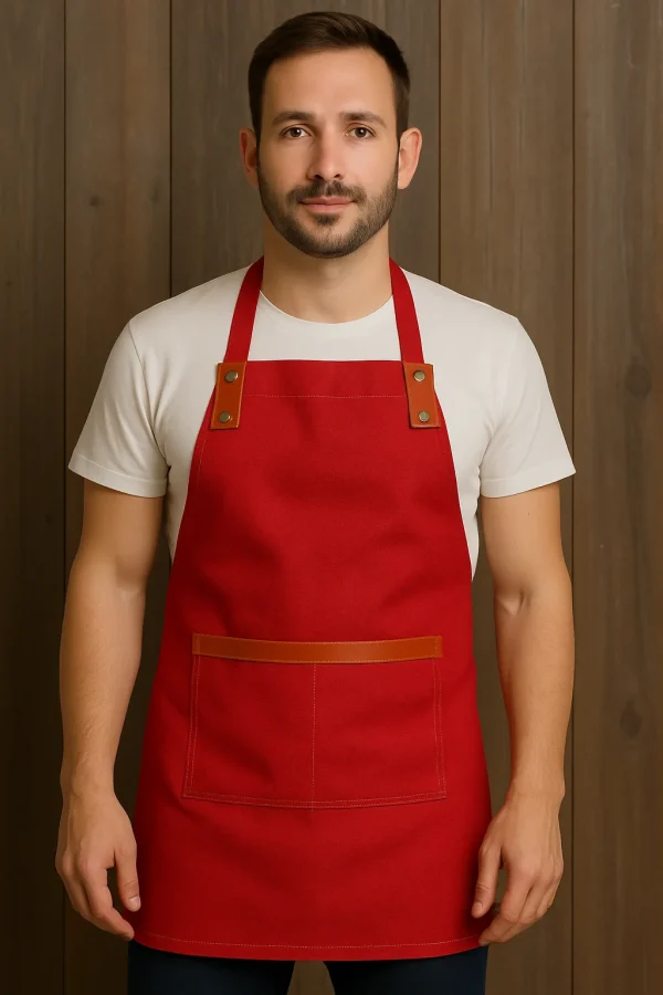 Delantal de cocina rojo en gabardina con aplicaciones de cuero café, diseño ajustable con bolsillo frontal, ideal para uso profesional en Chile