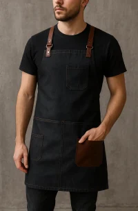 Delantal urbano negro de mezclilla con tirantes de cuero, ideal para cocina profesional y cafeterías modernas. Diseño elegante y personalizable.