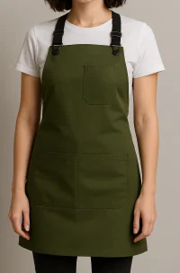 Delantal urbano verde musgo de gabardina con tirantes de cuero al cuello, ideal para cocina o cafeterías modernas. Diseño funcional y sobrio