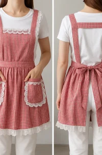 Delantal cuadrillé para mujer con encaje blanco, tirantes cruzados y lazo ajustable. Diseño femenino ideal para cocina, repostería o atención