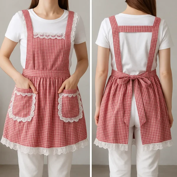 Delantal cuadrillé para mujer con encaje blanco, tirantes cruzados y lazo ajustable. Diseño femenino ideal para cocina, repostería o atención