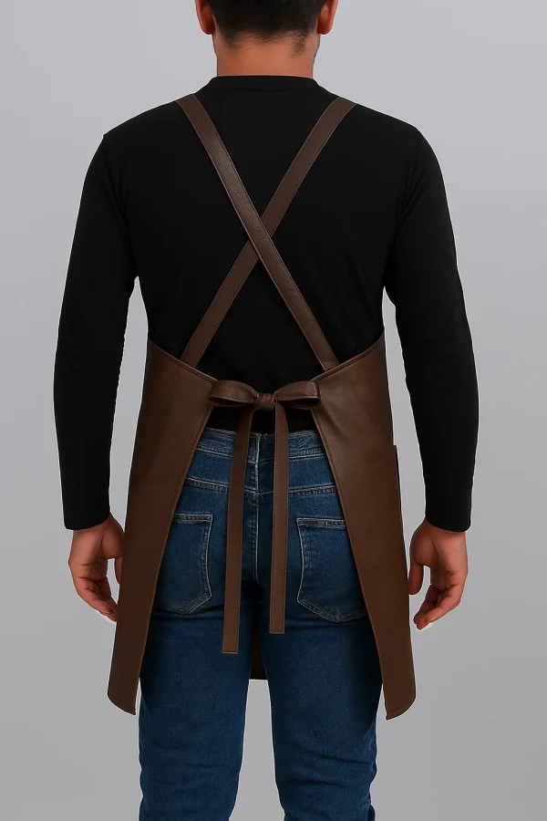 hombre con delantal de cuerina color cafe de espalda mostrando tirantes cruzados