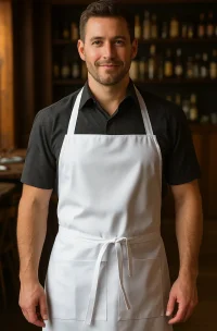 hombre con delantal de cocina blanco con un fondo de restaurante