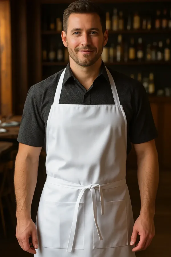 hombre con delantal de cocina blanco con un fondo de restaurante
