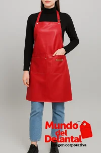 mujer con delantral de cuerina rojo con logo de mundo del delantal