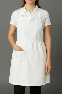 Delantal blanco para mujer en gabardina, diseño clásico y funcional. Ideal para cocina, repostería o atención al público