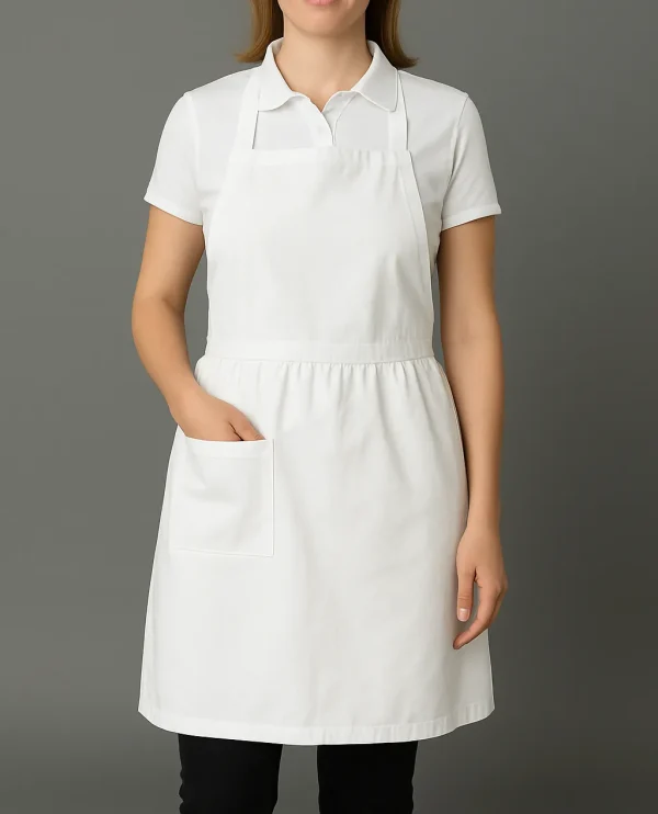 Delantal blanco para mujer en gabardina, diseño clásico y funcional. Ideal para cocina, repostería o atención al público