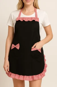 Delantal negro para mujer con detalles de blondas blancas y cuadrillé. Diseño moderno, funcional y con estilo para cocina o atención al público
