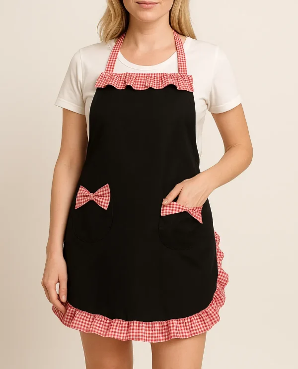 Delantal negro para mujer con detalles de blondas blancas y cuadrillé. Diseño moderno, funcional y con estilo para cocina o atención al público