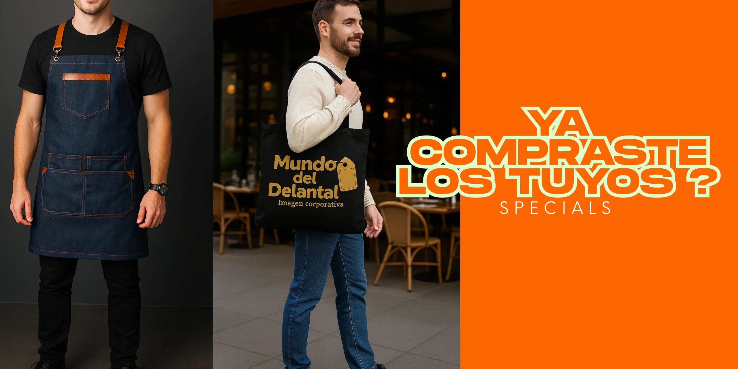 Hombre con bolsa de compra de uniformes personalizadoscon bolsa de mundo del delantal y hombre con pechera de mezclilla con cuero