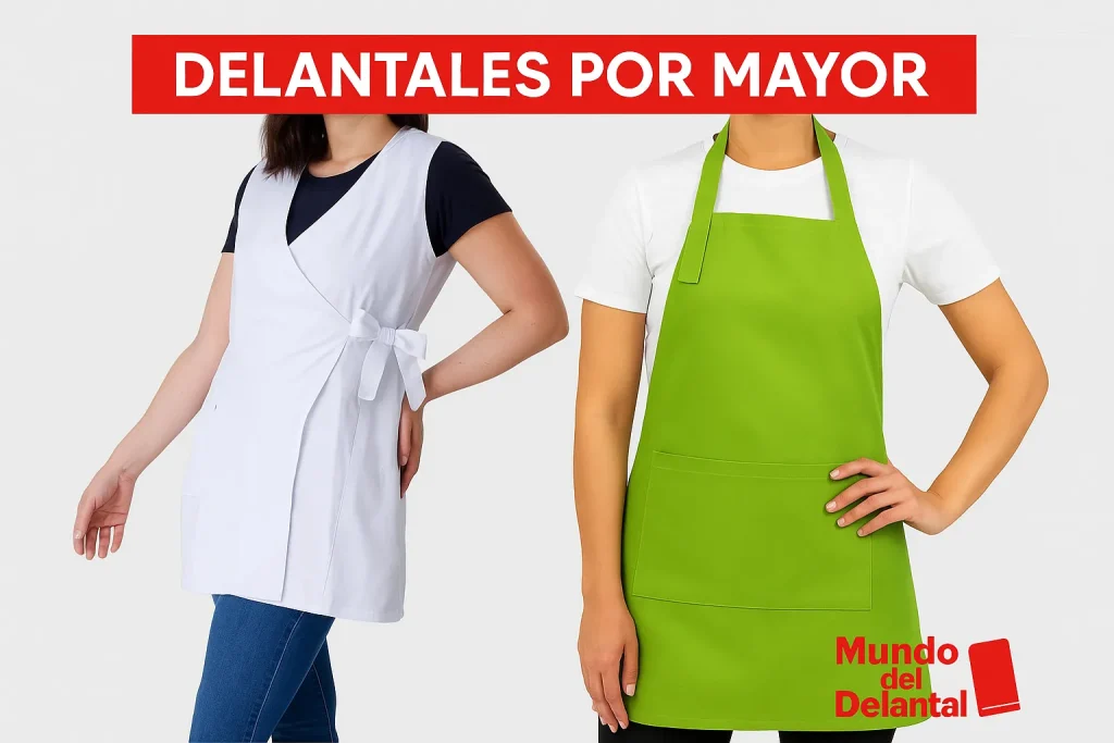 Delantales por mayor para empresas, cocina y hogar – modelos variados en blanco y verde, venta directa sin intermediarios desde Chile