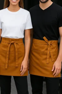 Comparación de gabardina, poliéster y mezclilla para mandiles de cocina y delantales personalizados en restaurantes y gastronomía
