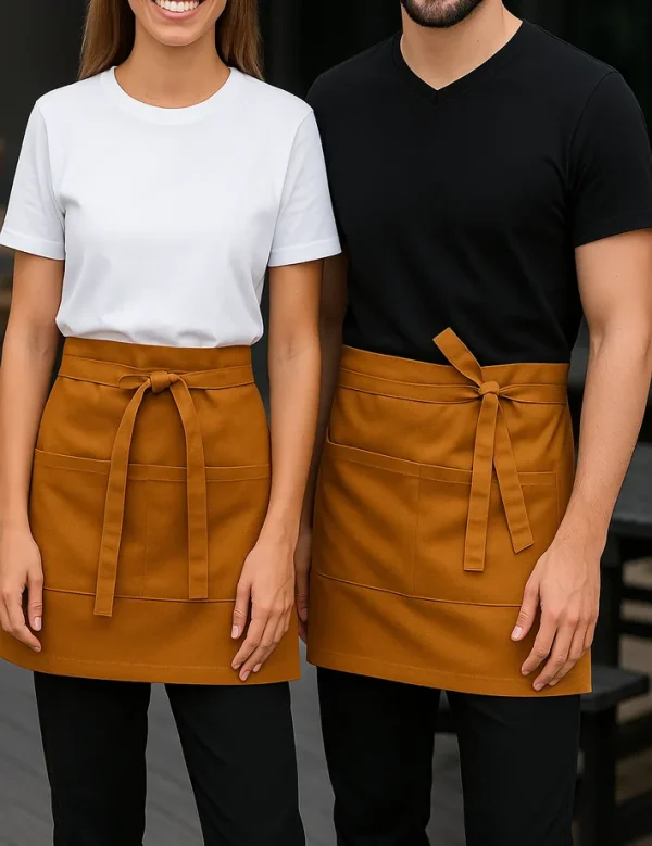Comparación de gabardina, poliéster y mezclilla para mandiles de cocina y delantales personalizados en restaurantes y gastronomía