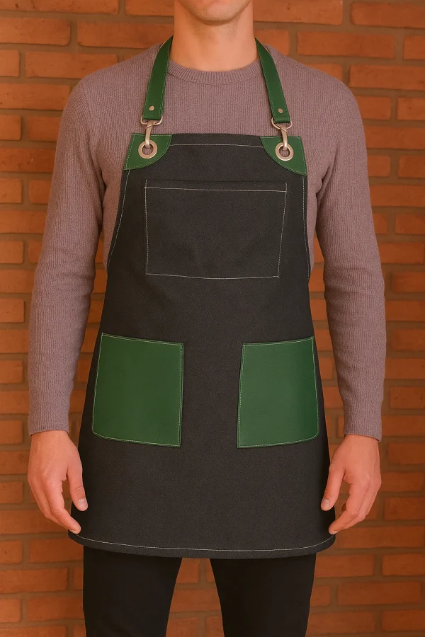 Pechera parrillera de mezclilla con detalles en cuero sintético, ideal para asadores, foodtrucks y cocina profesional. Diseño robusto y funcional