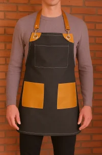 Pechera parrillera negra con tirantes y bolsillos de eco cuero camel para asadores y chefs