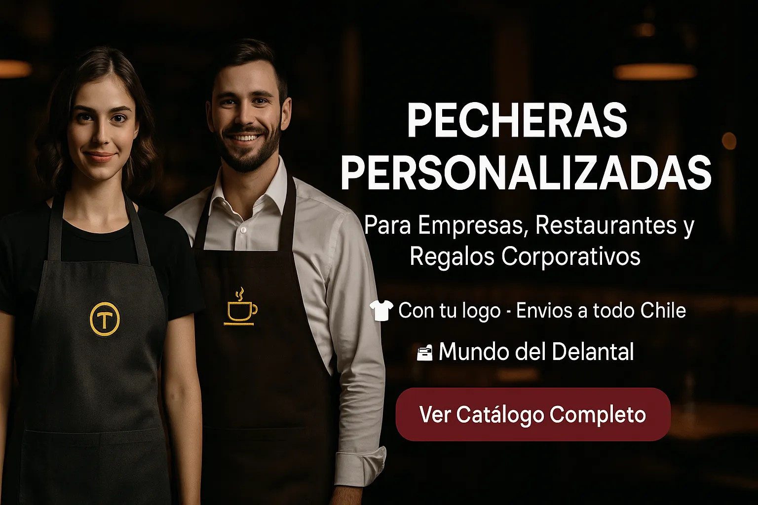 Venta de pecheras personalizadas para empresas, restaurantes y regalos corporativos. Con tu logo, colores de marca y despacho a todo Chile.