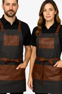 Delantal barberia hombre y mujer con delantal de mezclilla con cuero cafe lpara barberias y bartender fabricado por mundo del delantal