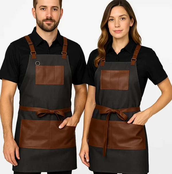 Delantal barberia hombre y mujer con delantal de mezclilla con cuero cafe lpara barberias y bartender fabricado por mundo del delantal