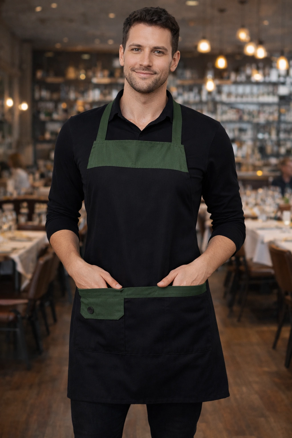 delantal_modelo_hombre_restaurante_verde_oscuro delantal con estilo moderno para hombre