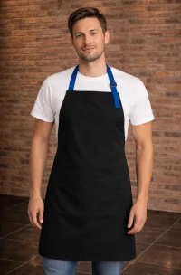 delantal de cocina negro con tirantes de colores azul rey