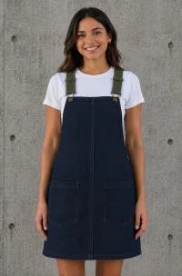 Delantal jardinera de jean para mujer, ideal como uniforme para educadoras de párvulos, asistentes y personal de jardines infantiles y colegios