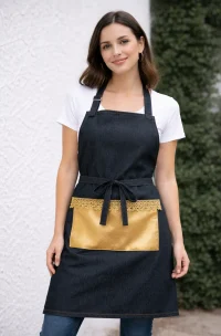 delantal linea dorado de Mundo del delantal elegente delantal de mezclilla con aplicaciones en cuerina y blonda dorada