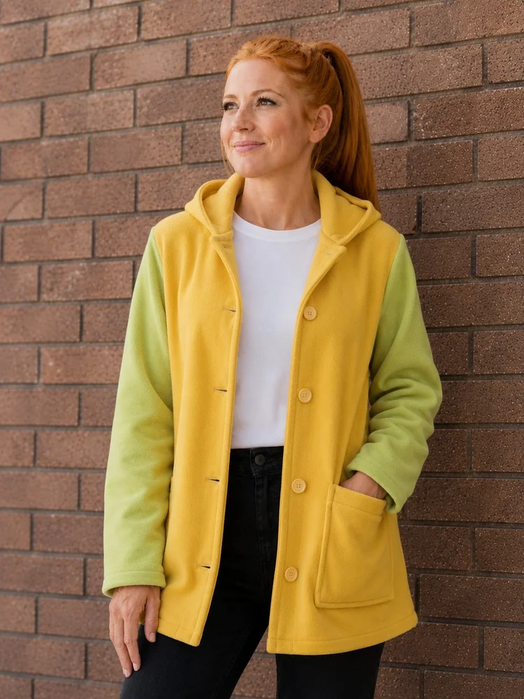 Chaqueta de polar con botones amarilla con mangas verdes combinadas — Mundo del Delantal