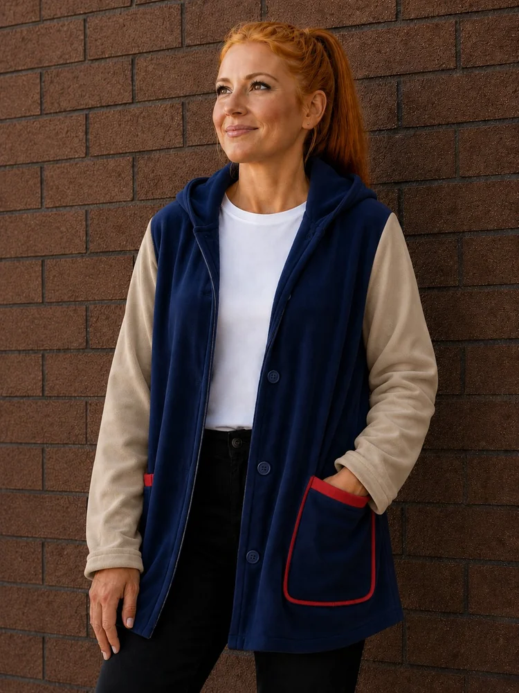 Chaqueta de polar con botones azul marino con mangas beige y ribete rojo — Mundo del Delantal