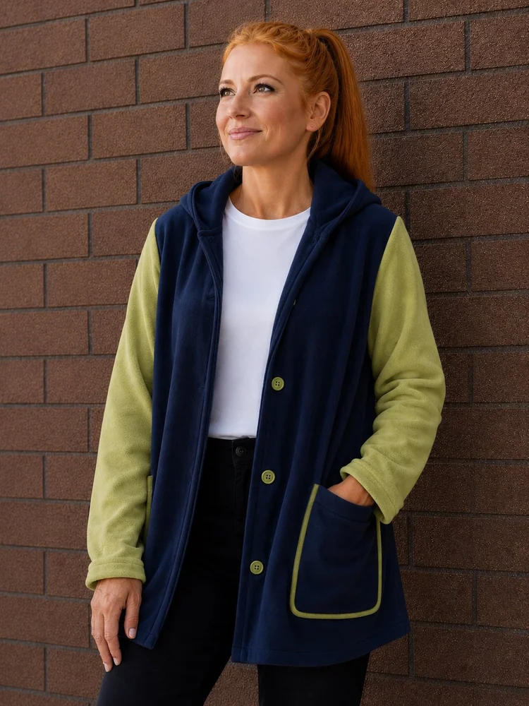 Chaqueta de polar con botones azul marino con mangas verdes y ribete verde — Mundo del Delantal