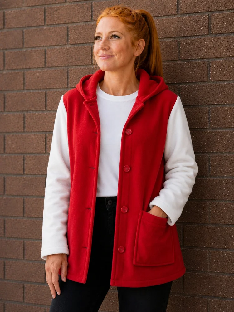 Chaqueta de polar con botones roja con mangas blancas combinadas — Mundo del Delantal