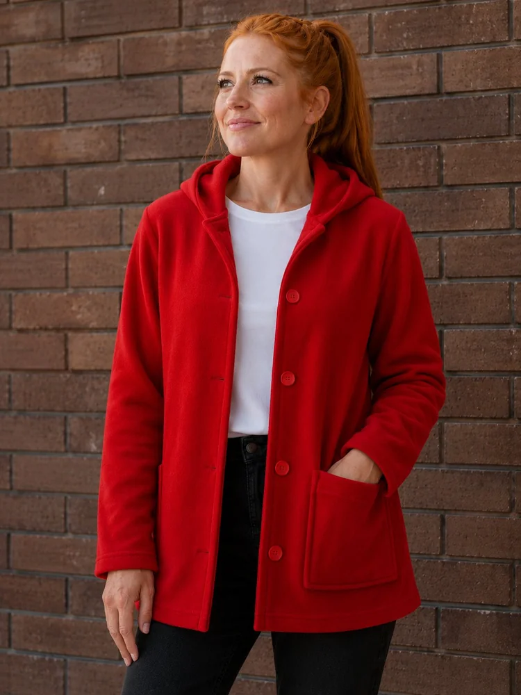 Chaqueta de polar con botones roja para equipos, aulas y oficinas — Mundo del Delantal