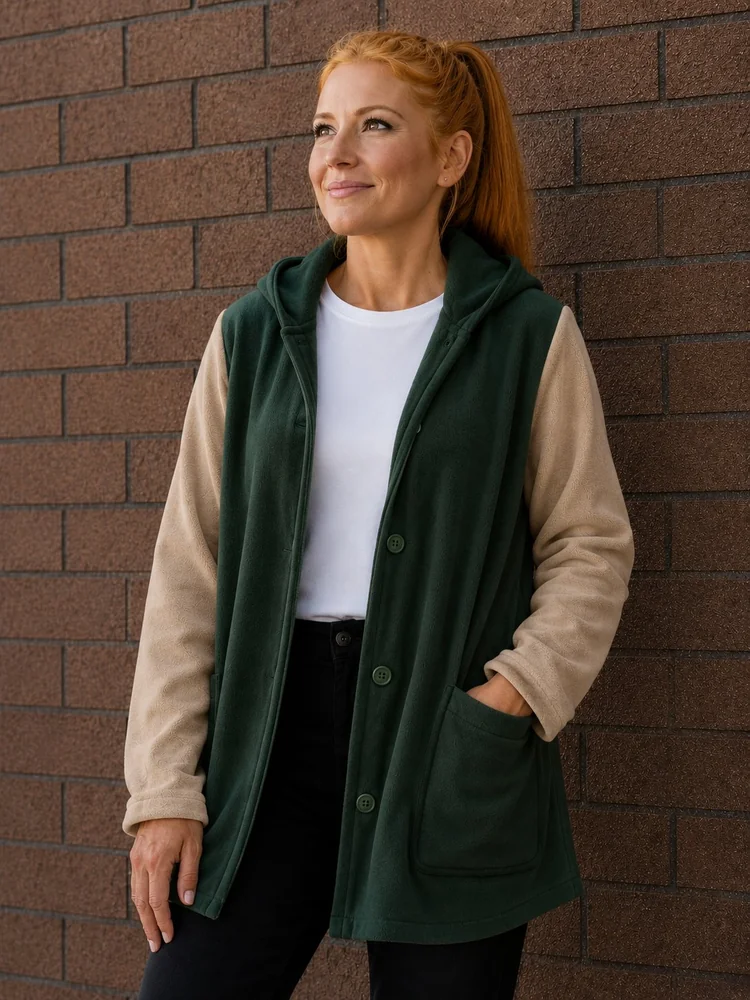 Chaqueta de polar con botones verde con mangas beige combinadas — Mundo del Delantal