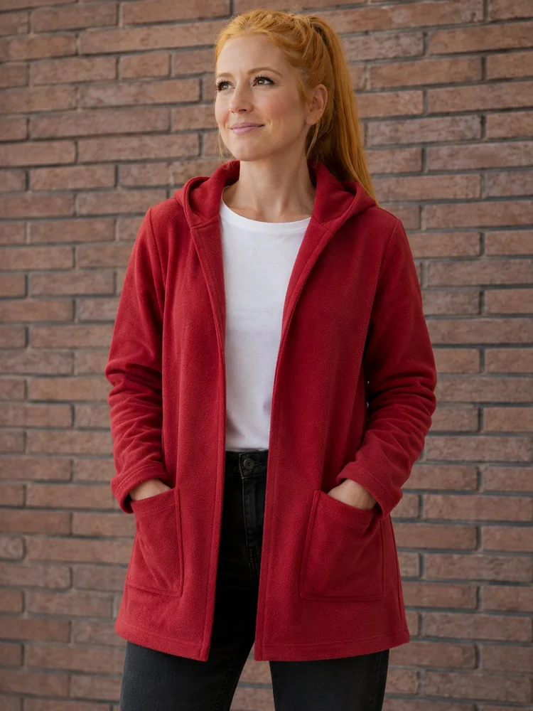 Chaqueta de polar con capucha abierta roja para educadoras, jardín infantil y oficina — Mundo del Delantal