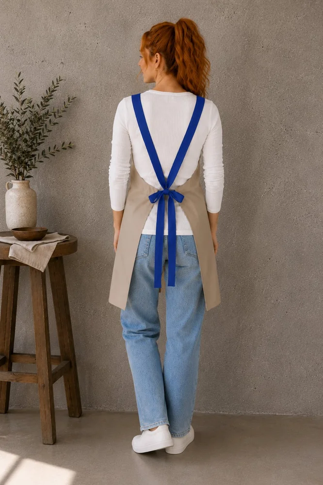 Delantal cruzado beige con tirantes azules cruzados a la espalda — Mundo del Delantal
