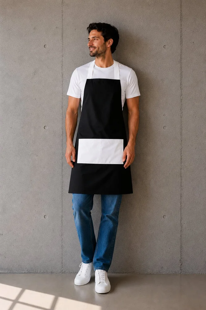 Delantal cruzado negro con bolsillo y tirantes blancos, combinación de colores — Mundo del Delantal