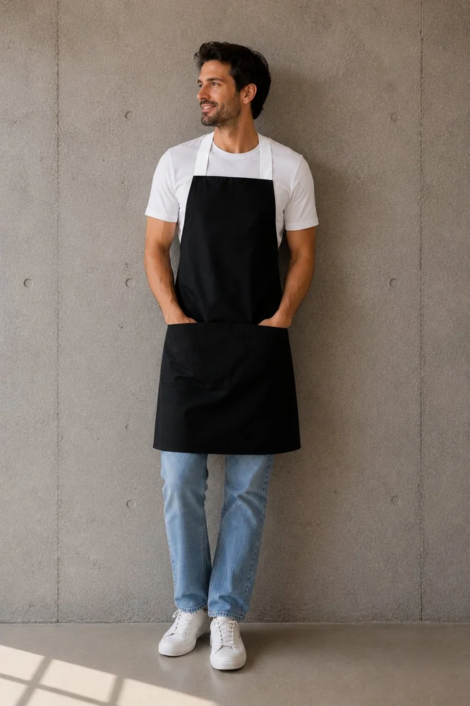Delantal cruzado negro unisex para hombre, con tirantes cruzados y bolsillo frontal — Mundo del Delantal