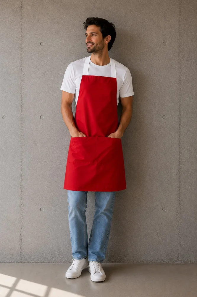 Delantal cruzado rojo unisex para hombre, con tirantes cruzados y bolsillo frontal — Mundo del Delantal