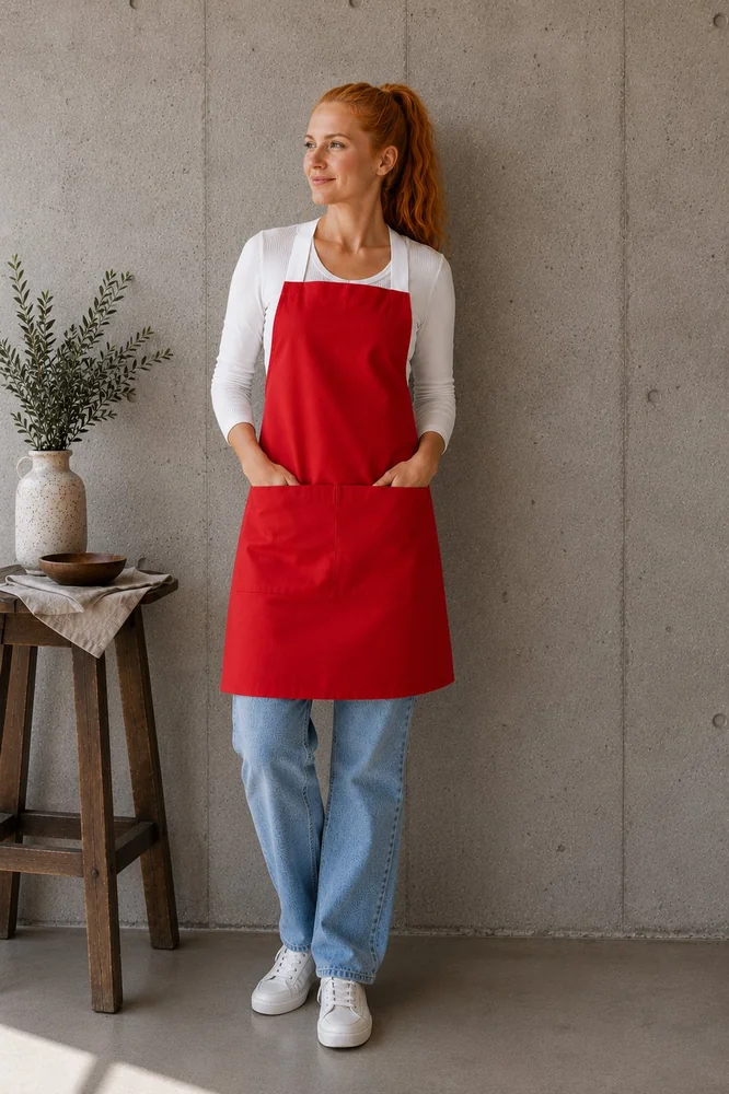 Delantal cruzado rojo con tirantes cruzados y bolsillo frontal, personalizable — Mundo del Delantal