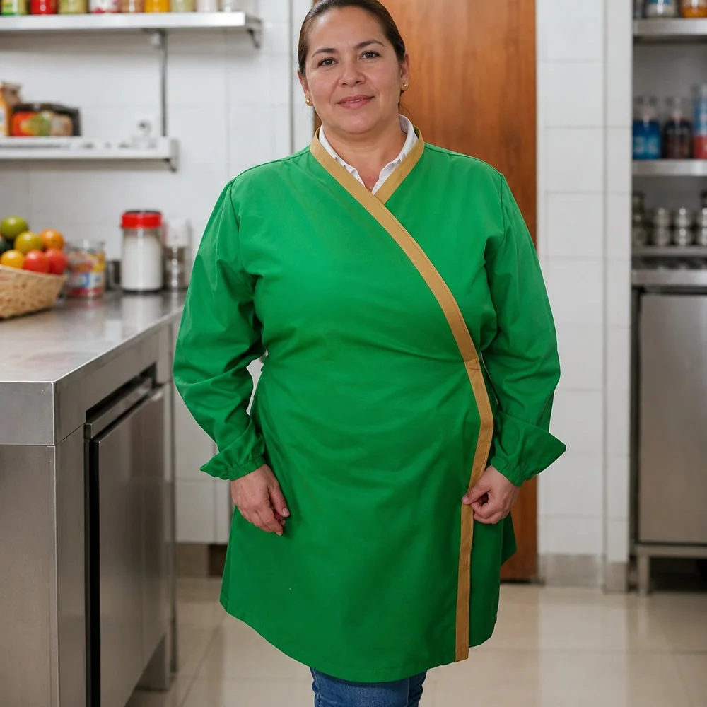 Delantal verde de manga larga para manipulación de alimentos en una cocina, modelo cruzado — Mundo del Delantal