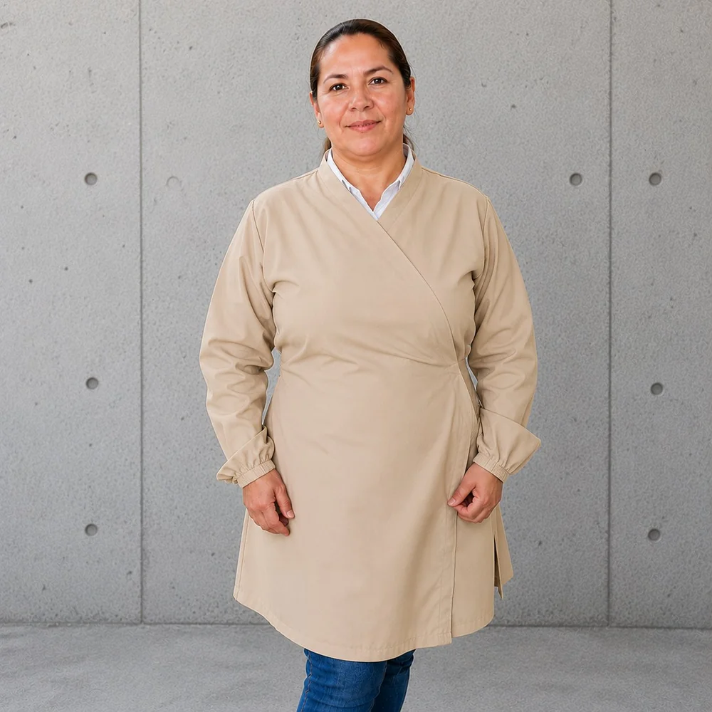 Delantal de packing cruzado de manga larga beige — Mundo del Delantal