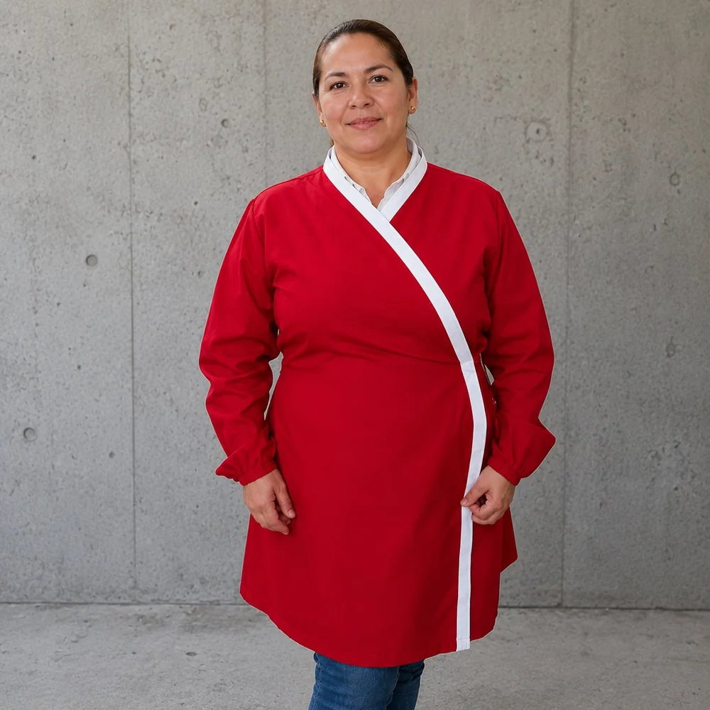 Delantal de packing cruzado de manga larga rojo con vivo blanco — Mundo del Delantal